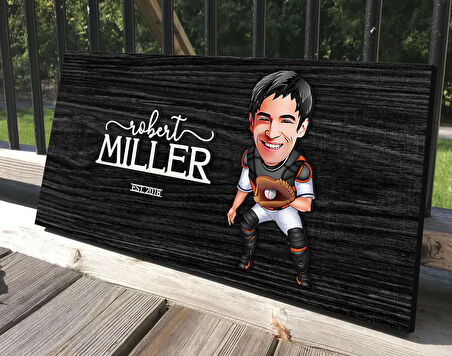 BK Gift Kişiye Özel Erkek Beyzbol Karikatürlü Kabartma Tasarım Antik Siyah (Ebony) Ahşap Tabela-3, Dekoratif Tabela, Rustik Ev Dekorasyonu, Duvar Dekoru