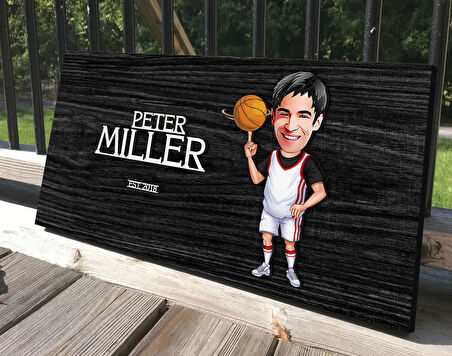 BK Gift Kişiye Özel Erkek Basketbolcu Karikatürlü Kabartma Tasarım Antik Siyah (Ebony) Ahşap Tabela-1, Dekoratif Tabela, Rustik Ev Dekorasyonu, Duvar Dekoru