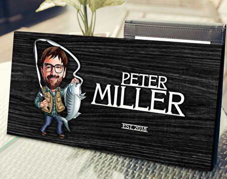 BK Gift Kişiye Özel Erkek Balıkçı Karikatürlü Kabartma Tasarım Antik Siyah (Ebony) Ahşap Tabela-2, Dekoratif Tabela, Rustik Ev Dekorasyonu, Duvar Dekoru