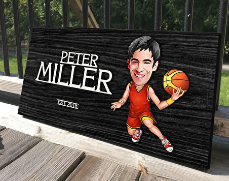 BK Gift Kişiye Özel Erkek Basketbolcu Karikatürlü Kabartma Tasarım Antik Siyah (Ebony) Ahşap Tabela-1, Dekoratif Tabela, Rustik Ev Dekorasyonu, Duvar Dekoru