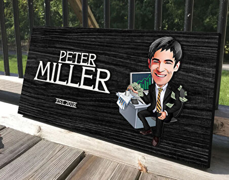 BK Gift Kişiye Özel Erkek Bankacı Karikatürlü Kabartma Tasarım Antik Siyah (Ebony) Ahşap Tabela-2, Dekoratif Tabela, Rustik Ev Dekorasyonu, Duvar Dekoru