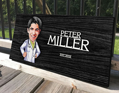 BK Gift Kişiye Özel Erkek Doktor Karikatürlü Kabartma Tasarım Antik Siyah (Ebony) Ahşap Tabela-1, Dekoratif Tabela, Rustik Ev Dekorasyonu, Duvar Dekoru