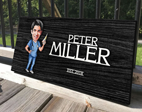 BK Gift Kişiye Özel Erkek Doktor Karikatürlü Kabartma Tasarım Antik Siyah (Ebony) Ahşap Tabela-3, Dekoratif Tabela, Rustik Ev Dekorasyonu, Duvar Dekoru