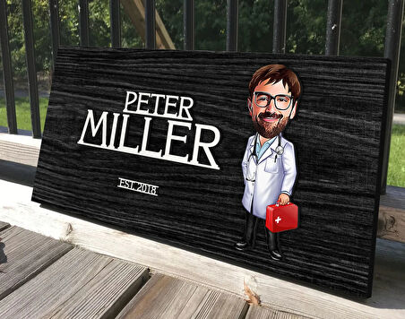 BK Gift Kişiye Özel Erkek Doktor Karikatürlü Kabartma Tasarım Antik Siyah (Ebony) Ahşap Tabela-4, Dekoratif Tabela, Rustik Ev Dekorasyonu, Duvar Dekoru