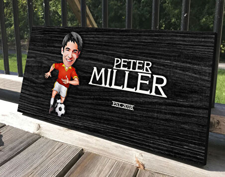 BK Gift Kişiye Özel Erkek Futbolcu Karikatürlü Kabartma Tasarım Antik Siyah (Ebony) Ahşap Tabela-1, Dekoratif Tabela, Rustik Ev Dekorasyonu, Duvar Dekoru