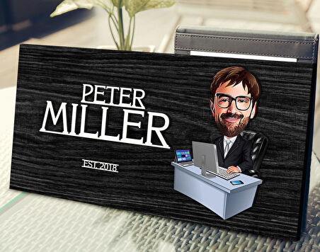 BK Gift Kişiye Özel Erkek Müdür Karikatürlü Kabartma Tasarım Antik Siyah (Ebony) Ahşap Tabela-1, Dekoratif Tabela, Rustik Ev Dekorasyonu, Duvar Dekoru