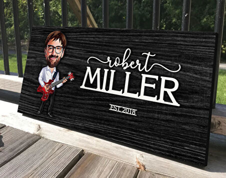 BK Gift Kişiye Özel Erkek Gitarist Karikatürlü Kabartma Tasarım Antik Siyah (Ebony) Ahşap Tabela-1, Dekoratif Tabela, Rustik Ev Dekorasyonu, Duvar Dekoru