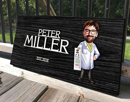 BK Gift Kişiye Özel Erkek Göz Doktoru Karikatürlü Kabartma Tasarım Antik Siyah (Ebony) Ahşap Tabela-1, Dekoratif Tabela, Rustik Ev Dekorasyonu, Duvar Dekoru