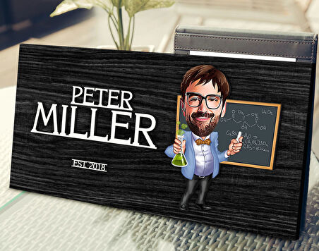 BK Gift Kişiye Özel Erkek Kimya Öğretmeni Karikatürlü Kabartma Tasarım Antik Siyah (Ebony) Ahşap Tabela-1, Dekoratif Tabela, Rustik Ev Dekorasyonu, Duvar Dekoru