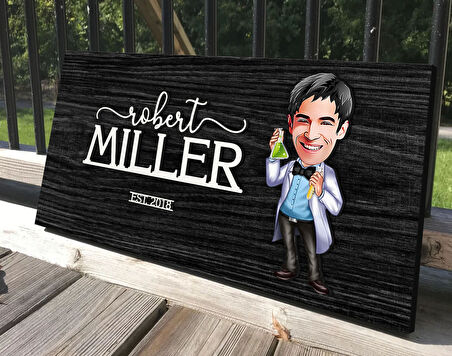 BK Gift Kişiye Özel Erkek Kimya Öğretmeni Karikatürlü Kabartma Tasarım Antik Siyah (Ebony) Ahşap Tabela-2, Dekoratif Tabela, Rustik Ev Dekorasyonu, Duvar Dekoru