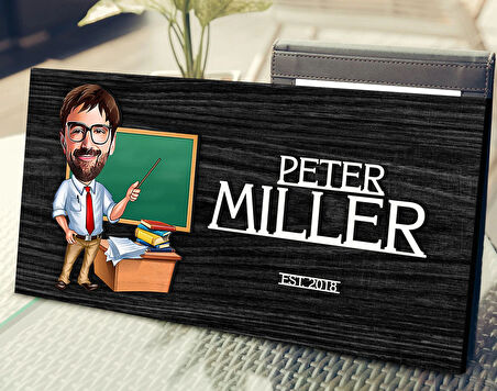 BK Gift Kişiye Özel Erkek Öğretmen Karikatürlü Kabartma Tasarım Antik Siyah (Ebony) Ahşap Tabela-2, Dekoratif Tabela, Rustik Ev Dekorasyonu, Duvar Dekoru