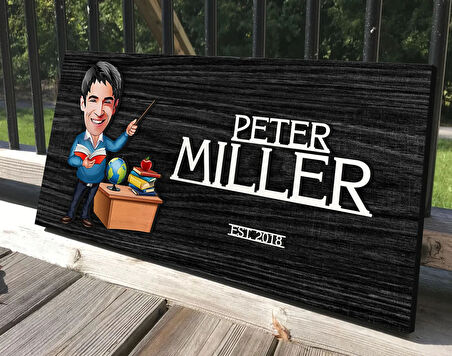 BK Gift Kişiye Özel Erkek Öğretmen Karikatürlü Kabartma Tasarım Antik Siyah (Ebony) Ahşap Tabela-4, Dekoratif Tabela, Rustik Ev Dekorasyonu, Duvar Dekoru