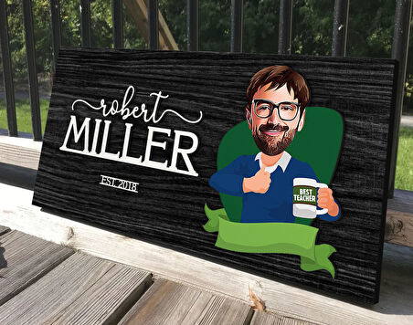 BK Gift Kişiye Özel Erkek Öğretmen Karikatürlü Kabartma Tasarım Antik Siyah (Ebony) Ahşap Tabela-5, Dekoratif Tabela, Rustik Ev Dekorasyonu, Duvar Dekoru