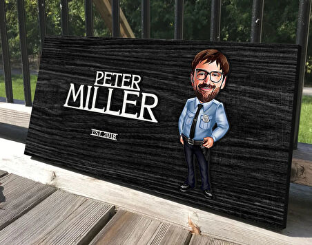 BK Gift Kişiye Özel Erkek Polis Karikatürlü Kabartma Tasarım Antik Siyah (Ebony) Ahşap Tabela-1, Dekoratif Tabela, Rustik Ev Dekorasyonu, Duvar Dekoru