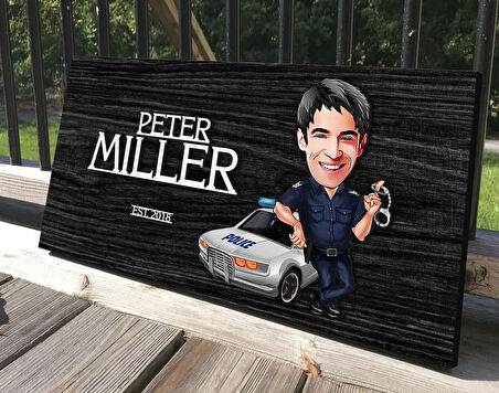 BK Gift Kişiye Özel Erkek Polis Karikatürlü Kabartma Tasarım Antik Siyah (Ebony) Ahşap Tabela-2, Dekoratif Tabela, Rustik Ev Dekorasyonu, Duvar Dekoru