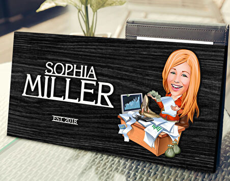 BK Gift Kişiye Özel Kadın Borsacı Karikatürlü Kabartma Tasarım Antik Siyah (Ebony) Ahşap Tabela-1, Dekoratif Tabela, Rustik Ev Dekorasyonu, Duvar Dekoru