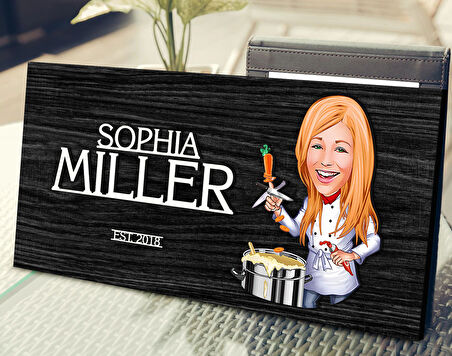 BK Gift Kişiye Özel Kadın Chef Karikatürlü Kabartma Tasarım Antik Siyah (Ebony) Ahşap Tabela-1, Dekoratif Tabela, Rustik Ev Dekorasyonu, Duvar Dekoru