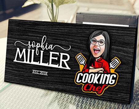 BK Gift Kişiye Özel Kadın Chef Karikatürlü Kabartma Tasarım Antik Siyah (Ebony) Ahşap Tabela-5, Dekoratif Tabela, Rustik Ev Dekorasyonu, Duvar Dekoru