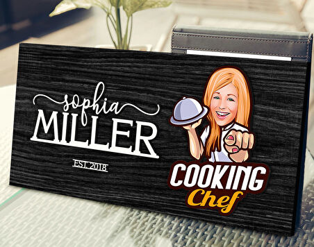 BK Gift Kişiye Özel Kadın Chef Karikatürlü Kabartma Tasarım Antik Siyah (Ebony) Ahşap Tabela-9, Dekoratif Tabela, Rustik Ev Dekorasyonu, Duvar Dekoru