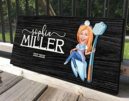 BK Gift Kişiye Özel Kadın Diş Hekimi Karikatürlü Kabartma Tasarım Antik Siyah (Ebony) Ahşap Tabela-2, Dekoratif Tabela, Rustik Ev Dekorasyonu, Duvar Dekoru