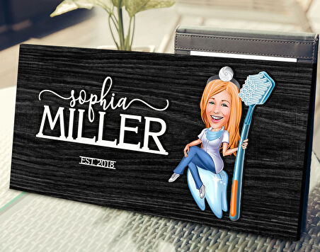 BK Gift Kişiye Özel Kadın Diş Hekimi Karikatürlü Kabartma Tasarım Antik Siyah (Ebony) Ahşap Tabela-2, Dekoratif Tabela, Rustik Ev Dekorasyonu, Duvar Dekoru