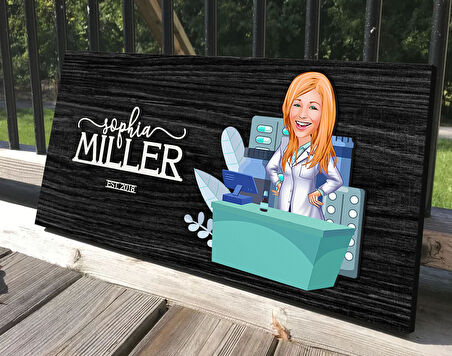 BK Gift Kişiye Özel Kadın Eczacı Karikatürlü Kabartma Tasarım Antik Siyah (Ebony) Ahşap Tabela-1, Dekoratif Tabela, Rustik Ev Dekorasyonu, Duvar Dekoru