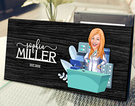 BK Gift Kişiye Özel Kadın Eczacı Karikatürlü Kabartma Tasarım Antik Siyah (Ebony) Ahşap Tabela-1, Dekoratif Tabela, Rustik Ev Dekorasyonu, Duvar Dekoru