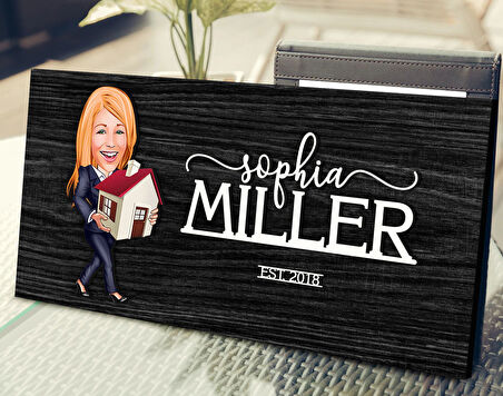 BK Gift Kişiye Özel Kadın Emlakçı Karikatürlü Kabartma Tasarım Antik Siyah (Ebony) Ahşap Tabela-1, Dekoratif Tabela, Rustik Ev Dekorasyonu, Duvar Dekoru