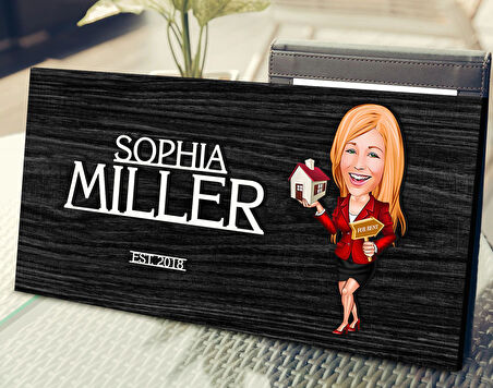 BK Gift Kişiye Özel Kadın Emlakçı Karikatürlü Kabartma Tasarım Antik Siyah (Ebony) Ahşap Tabela-2, Dekoratif Tabela, Rustik Ev Dekorasyonu, Duvar Dekoru