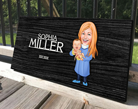 BK Gift Kişiye Özel Kadın Doğum Uzmanı Karikatürlü Kabartma Tasarım Antik Siyah (Ebony) Ahşap Tabela-1, Dekoratif Tabela, Rustik Ev Dekorasyonu, Duvar Dekoru