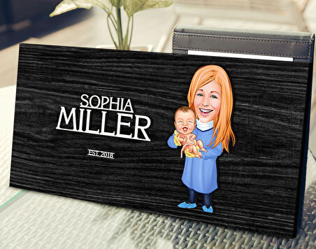 BK Gift Kişiye Özel Kadın Doğum Uzmanı Karikatürlü Kabartma Tasarım Antik Siyah (Ebony) Ahşap Tabela-1, Dekoratif Tabela, Rustik Ev Dekorasyonu, Duvar Dekoru