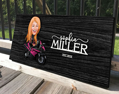 BK Gift Kişiye Özel Kadın Motorcu Karikatürlü Kabartma Tasarım Antik Siyah (Ebony) Ahşap Tabela-1, Dekoratif Tabela, Rustik Ev Dekorasyonu, Duvar Dekoru