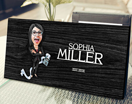 BK Gift Kişiye Özel Kadın Muhasebeci Karikatürlü Kabartma Tasarım Antik Siyah (Ebony) Ahşap Tabela-2, Dekoratif Tabela, Rustik Ev Dekorasyonu, Duvar Dekoru