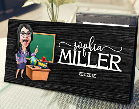 BK Gift Kişiye Özel Kadın Öğretmen Karikatürlü Kabartma Tasarım Antik Siyah (Ebony) Ahşap Tabela-1, Dekoratif Tabela, Rustik Ev Dekorasyonu, Duvar Dekoru