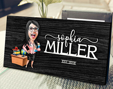 BK Gift Kişiye Özel Kadın Öğretmen Karikatürlü Kabartma Tasarım Antik Siyah (Ebony) Ahşap Tabela-5, Dekoratif Tabela, Rustik Ev Dekorasyonu, Duvar Dekoru