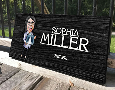 BK Gift Kişiye Özel Kadın Radyolojist Karikatürlü Kabartma Tasarım Antik Siyah (Ebony) Ahşap Tabela-1, Dekoratif Tabela, Rustik Ev Dekorasyonu, Duvar Dekoru