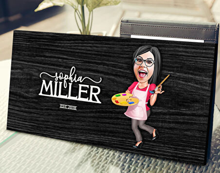 BK Gift Kişiye Özel Kadın Ressam Karikatürlü Kabartma Tasarım Antik Siyah (Ebony) Ahşap Tabela-1, Dekoratif Tabela, Rustik Ev Dekorasyonu, Duvar Dekoru