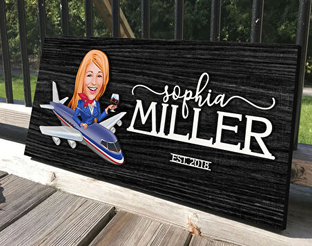 BK Gift Kişiye Özel Kadın Hostes Karikatürlü Kabartma Tasarım Antik Siyah (Ebony) Ahşap Tabela-1, Dekoratif Tabela, Rustik Ev Dekorasyonu, Duvar Dekoru