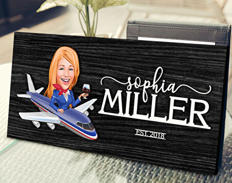 BK Gift Kişiye Özel Kadın Hostes Karikatürlü Kabartma Tasarım Antik Siyah (Ebony) Ahşap Tabela-1, Dekoratif Tabela, Rustik Ev Dekorasyonu, Duvar Dekoru