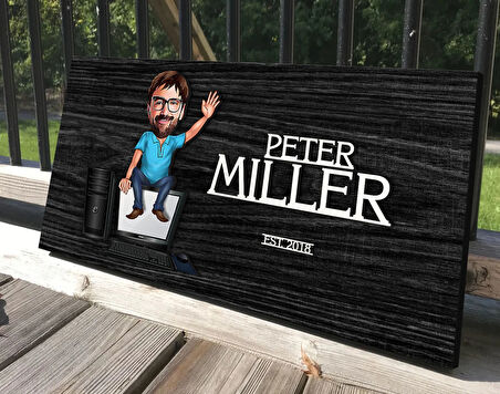 BK Gift Kişiye Özel Erkek Bilgisayar Mühendisi Karikatürlü Kabartma Tasarım Antik Siyah (Ebony) Ahşap Tabela-1, Dekoratif Tabela, Rustik Ev Dekorasyonu, Duvar Dekoru