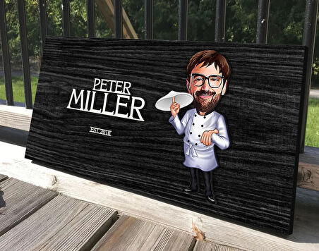 BK Gift Kişiye Özel Erkek Pizzacı Karikatürlü Kabartma Tasarım Antik Siyah (Ebony) Ahşap Tabela-1, Dekoratif Tabela, Rustik Ev Dekorasyonu, Duvar Dekoru