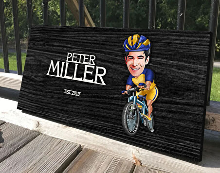 BK Gift Kişiye Özel Erkek Bisikletçi Karikatürlü Kabartma Tasarım Antik Siyah (Ebony) Ahşap Tabela-1, Dekoratif Tabela, Rustik Ev Dekorasyonu, Duvar Dekoru