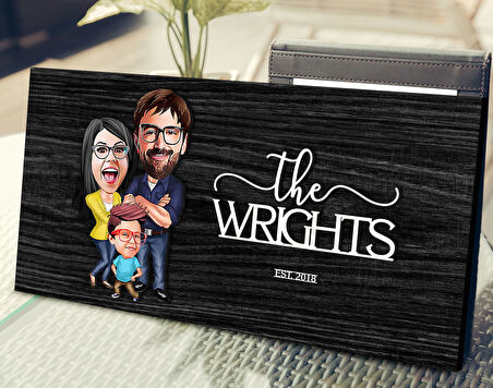 BK Gift Kişiye Özel 3'lü Aile Karikatürlü Kabartma Tasarım Antik Siyah (Ebony) Ahşap Tabela-1, Dekoratif Tabela, Rustik Ev Dekorasyonu, Duvar Dekoru