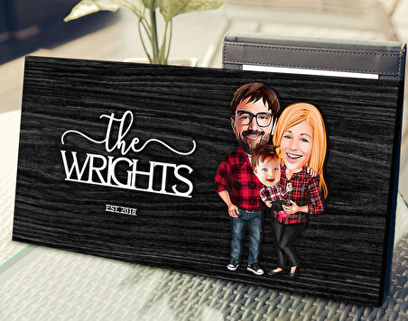 BK Gift Kişiye Özel 3'lü Aile Karikatürlü Kabartma Tasarım Antik Siyah (Ebony) Ahşap Tabela-2, Dekoratif Tabela, Rustik Ev Dekorasyonu, Duvar Dekoru