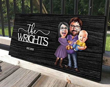 BK Gift Kişiye Özel 3'lü Aile Karikatürlü Kabartma Tasarım Antik Siyah (Ebony) Ahşap Tabela-3, Dekoratif Tabela, Rustik Ev Dekorasyonu, Duvar Dekoru