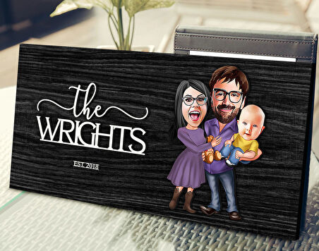 BK Gift Kişiye Özel 3'lü Aile Karikatürlü Kabartma Tasarım Antik Siyah (Ebony) Ahşap Tabela-3, Dekoratif Tabela, Rustik Ev Dekorasyonu, Duvar Dekoru