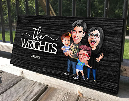 BK Gift Kişiye Özel 4'lü Aile Karikatürlü Kabartma Tasarım Antik Siyah (Ebony) Ahşap Tabela-1, Dekoratif Tabela, Rustik Ev Dekorasyonu, Duvar Dekoru