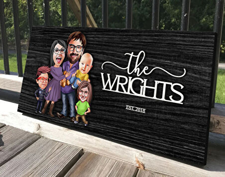 BK Gift Kişiye Özel 5'li Aile Karikatürlü Kabartma Tasarım Antik Siyah (Ebony) Ahşap Tabela-2, Dekoratif Tabela, Rustik Ev Dekorasyonu, Duvar Dekoru