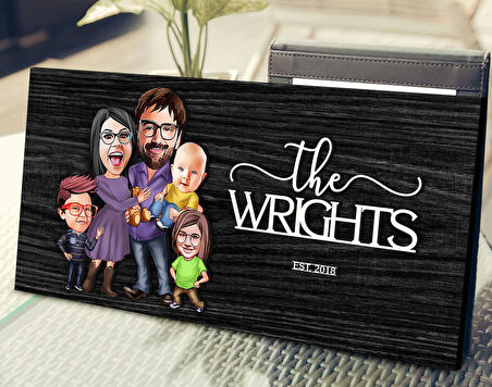 BK Gift Kişiye Özel 5'li Aile Karikatürlü Kabartma Tasarım Antik Siyah (Ebony) Ahşap Tabela-2, Dekoratif Tabela, Rustik Ev Dekorasyonu, Duvar Dekoru