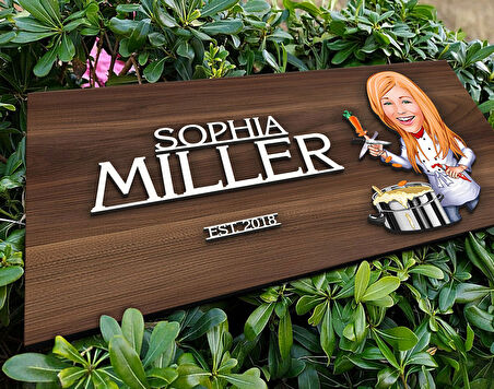 BK Gift Kişiye Özel Kadın Chef Karikatürlü Kabartma Tasarım Antik Ceviz Ahşap Tabela-1, Dekoratif Tabela, Rustik Ev Dekorasyonu, Duvar Dekoru